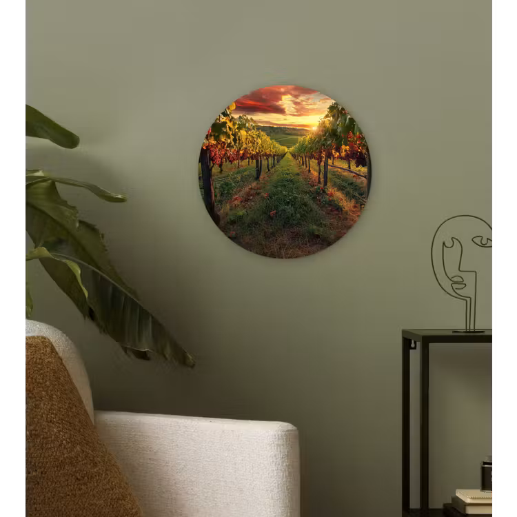 Wijngaard - Druiven - Zonsondergang Wandcirkel kunststof plaat 5mm dik klein -sfeer3