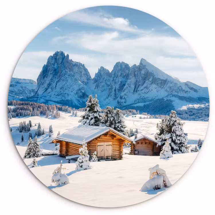 Winter - Huisje - Bergen - Uitzicht - Sneeuw Wandcirkel kunststof plaat 5mm dik klein -3d