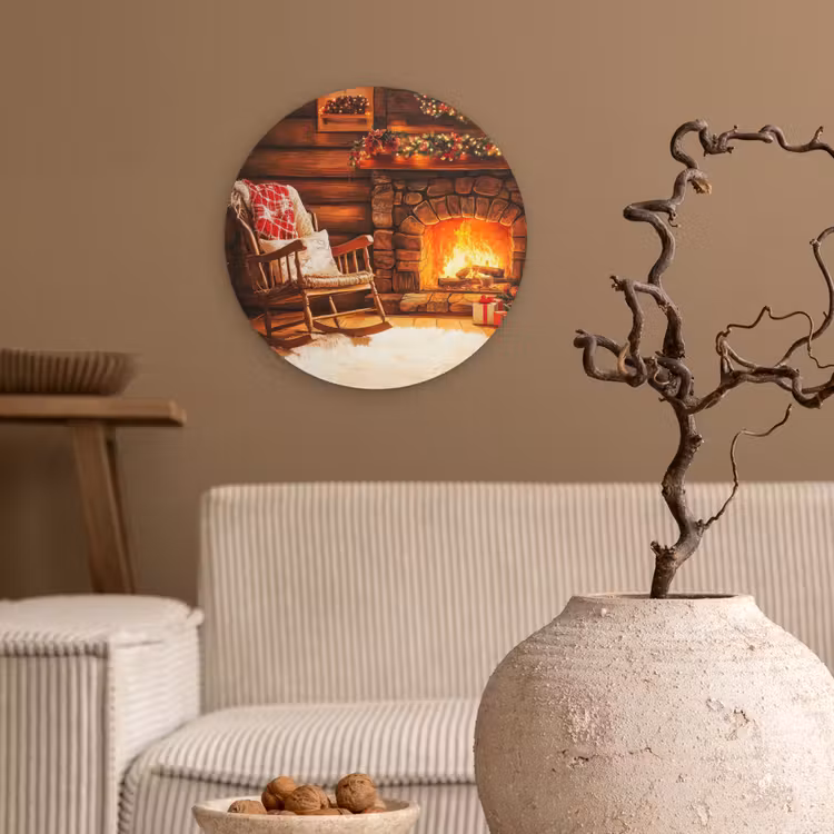 Winter - Kerst - Huis - Openhaard Wandcirkel kunststof plaat 5mm dik klein -sfeer1