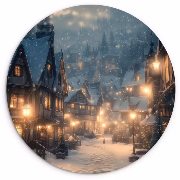 Winterdorp - Sneeuw - Donker Wandcirkel kunststof plaat 5mm dik klein -3d