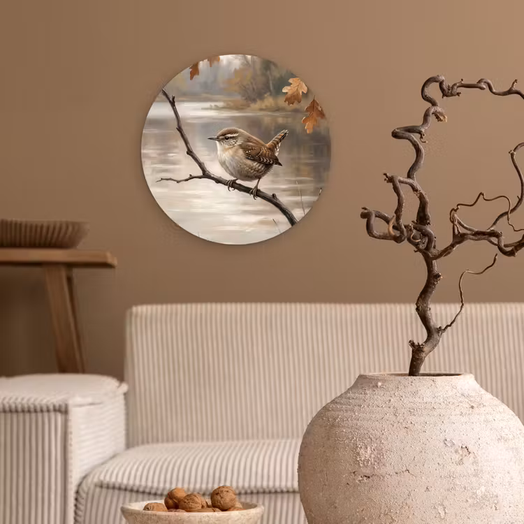 Winterkoninkje - Tak - Rivier - Natuur - Sfeervol Wandcirkel kunststof plaat 5mm dik klein -sfeer1