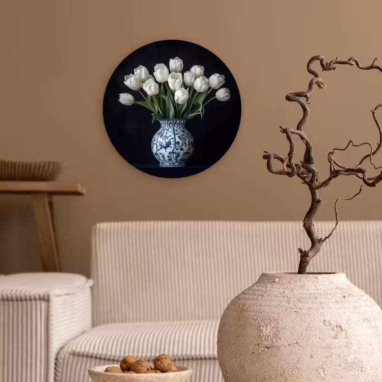 Wit - Bloemen - Tulpen - Vaas Wandcirkel kunststof plaat 5mm dik klein -sfeer1