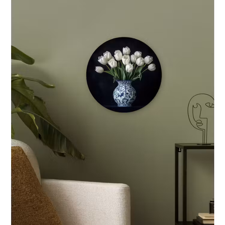 Wit - Bloemen - Tulpen - Vaas Wandcirkel kunststof plaat 5mm dik klein -sfeer3