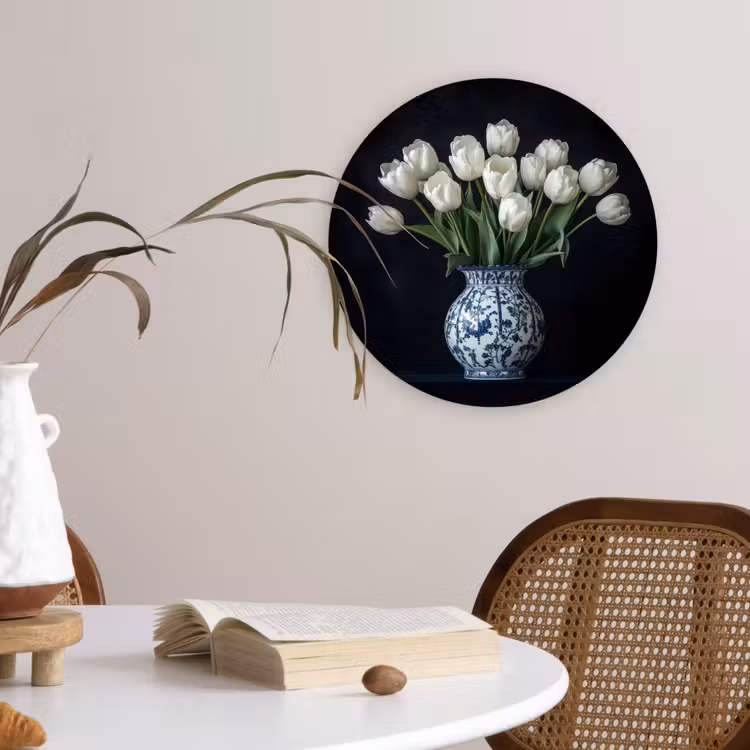 Wit - Bloemen - Tulpen - Vaas Wandcirkel kunststof plaat 5mm dik klein -sfeer4