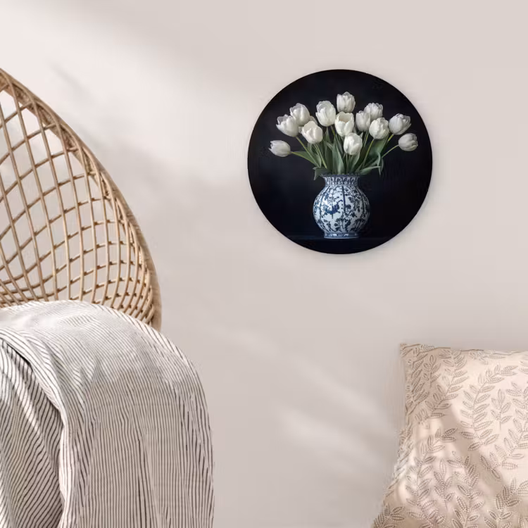 Wit - Bloemen - Tulpen - Vaas Wandcirkel kunststof plaat 5mm dik klein -sfeer5