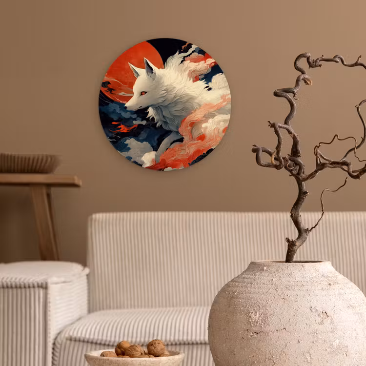 Witte vos - wolken - maan Wandcirkel kunststof plaat 5mm dik klein -sfeer1