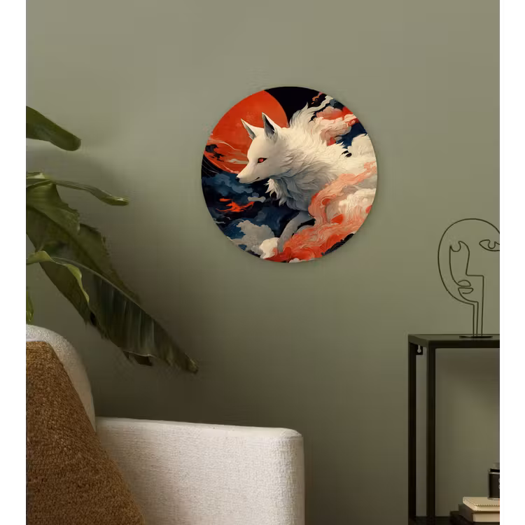 Witte vos - wolken - maan Wandcirkel kunststof plaat 5mm dik klein -sfeer3