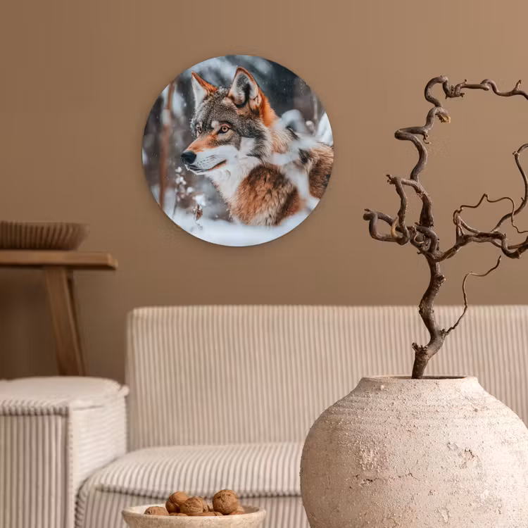 Wolf - Sneeuw - Winter - Dieren - Natuur - Sneeuw Wandcirkel kunststof plaat 5mm dik klein -sfeer1