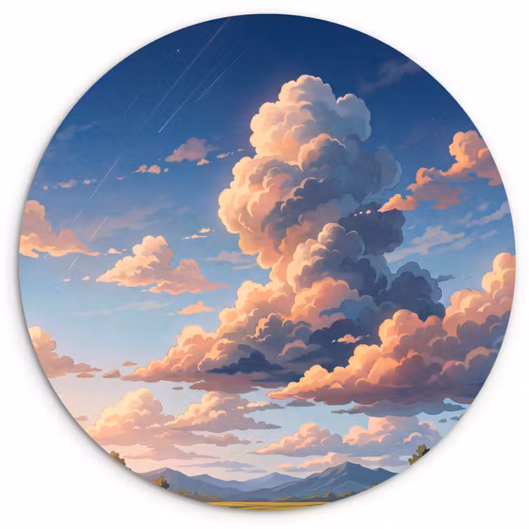 Wolken - Daghemel - Natuur - Illustratie - Oranje Wandcirkel kunststof plaat 5mm dik klein -3d