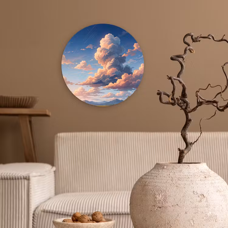 Wolken - Daghemel - Natuur - Illustratie - Oranje Wandcirkel kunststof plaat 5mm dik klein -sfeer1