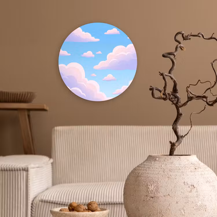 Wolken - Roze - Blauw - Natuur - Modern Wandcirkel kunststof plaat 5mm dik klein -sfeer1