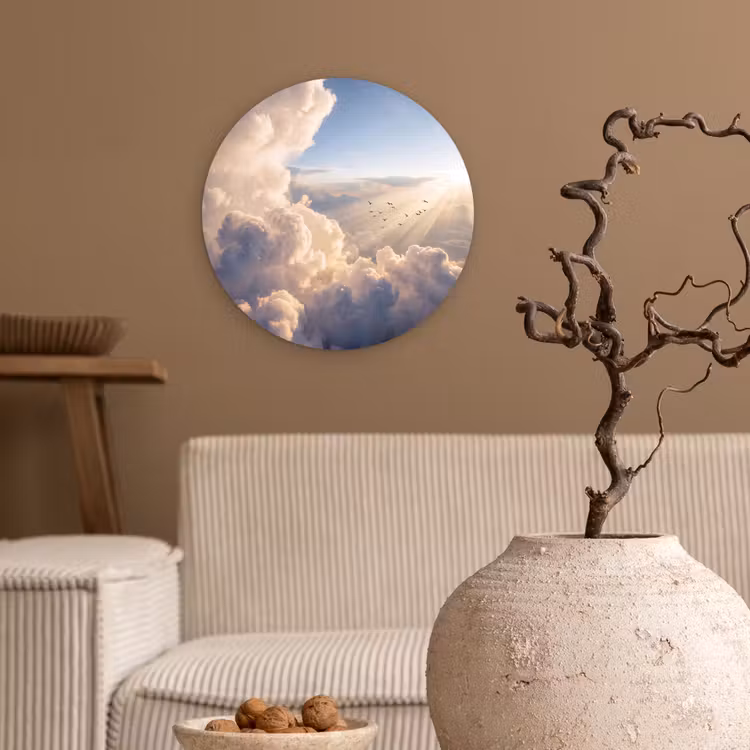 Wolken - Zonnestralen - Natuur - Wit Wandcirkel kunststof plaat 5mm dik klein -sfeer1