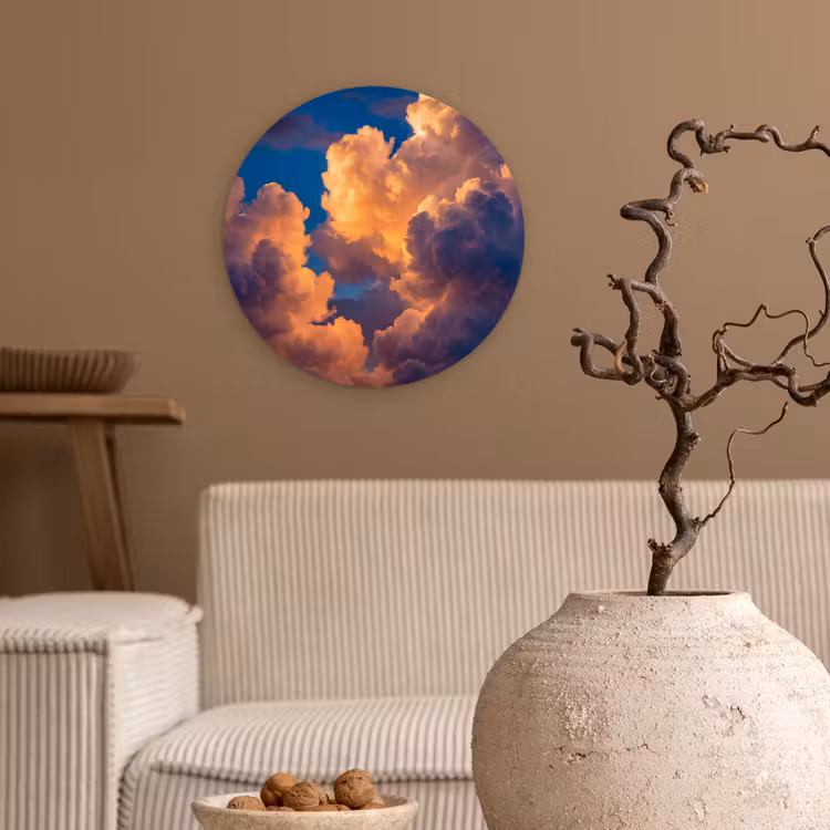 Wolken - Zonsondergang - Natuur - Oranje - Blauw Wandcirkel kunststof plaat 5mm dik klein -sfeer1