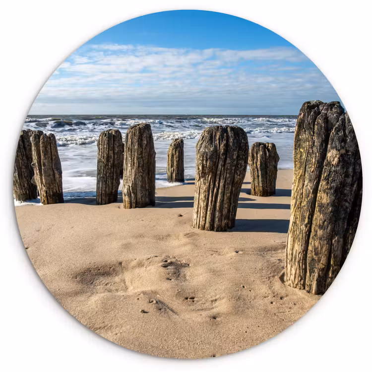 Zand - Strand - Paal - Water - Zomer Wandcirkel kunststof plaat 5mm dik klein -3d