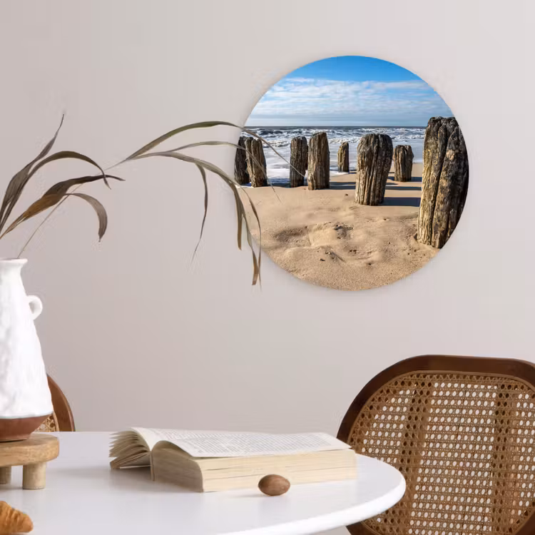 Zand - Strand - Paal - Water - Zomer Wandcirkel kunststof plaat 5mm dik klein -sfeer4