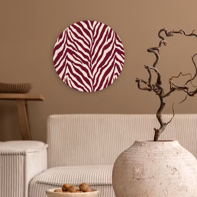 Zebra - Motief - Bordeaux - Rood Wandcirkel kunststof plaat 5mm dik klein 188 -sfeer1