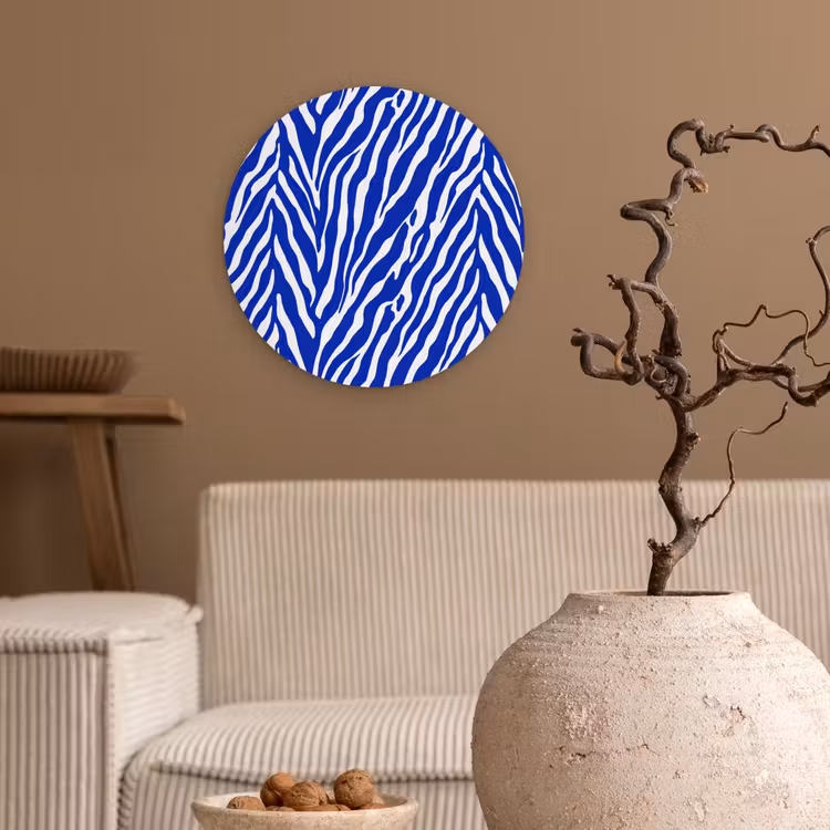 Zebra - Patroon - Kobalt - Blauw Wandcirkel kunststof plaat 5mm dik klein 188 -sfeer1