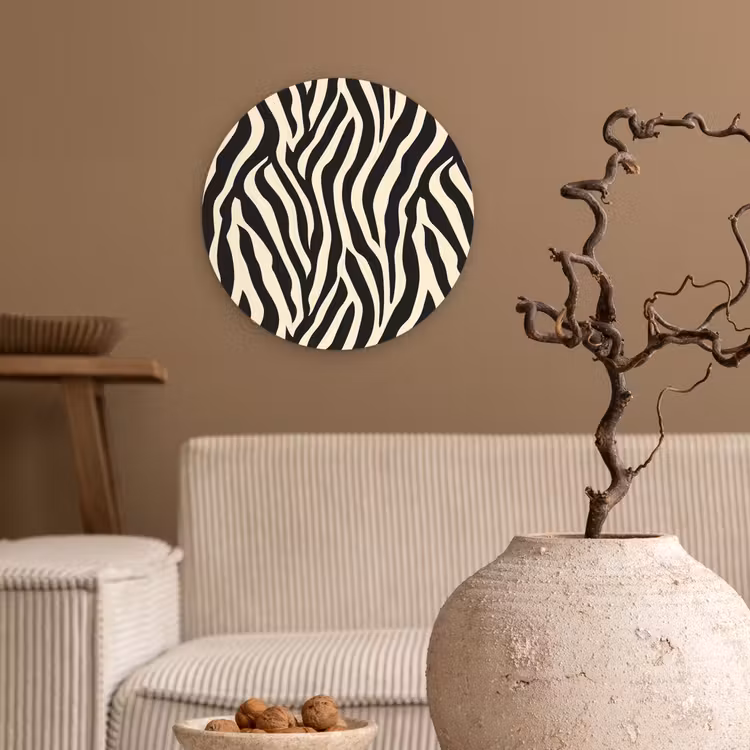Zebra - Print - Klassiek - Zwart Wandcirkel kunststof plaat 5mm dik klein 188 -sfeer1