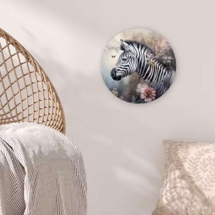 Zebra - Wilde dieren - Vlinder - Bloemen Wandcirkel kunststof plaat 5mm dik klein -sfeer5