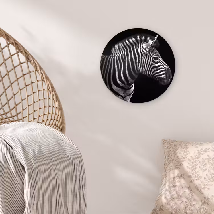 Zebra - Zwart - Wit - Portret - Dieren Wandcirkel kunststof plaat 5mm dik klein -sfeer5