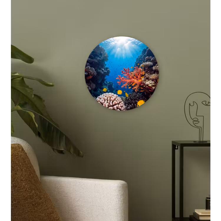 Zee - Koraalrif - Natuur - Levendig - Blauw Wandcirkel kunststof plaat 5mm dik klein -sfeer3