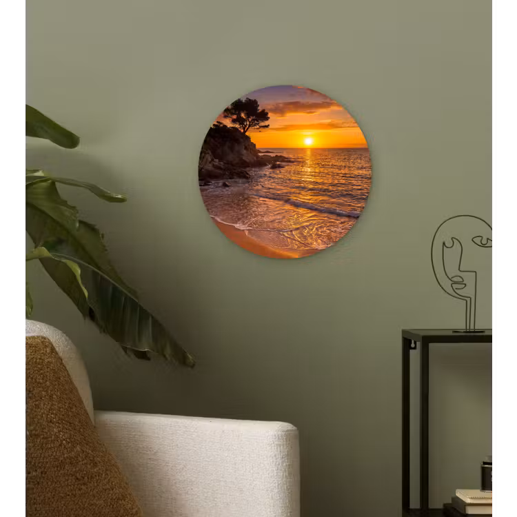 Zee - Kust - Zonsondergang - Natuur - Oranje Wandcirkel kunststof plaat 5mm dik klein -sfeer3