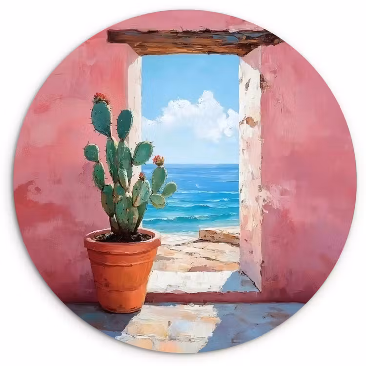 Zee - Roze - Cactus Wandcirkel kunststof plaat 5mm dik klein -3d