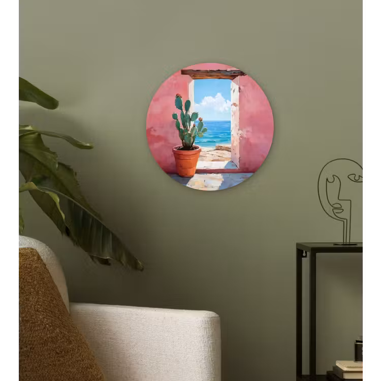 Zee - Roze - Cactus Wandcirkel kunststof plaat 5mm dik klein -sfeer3