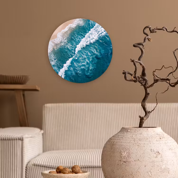 Zee - Strand - Golven - Natuur - Blauw Wandcirkel kunststof plaat 5mm dik klein -sfeer1
