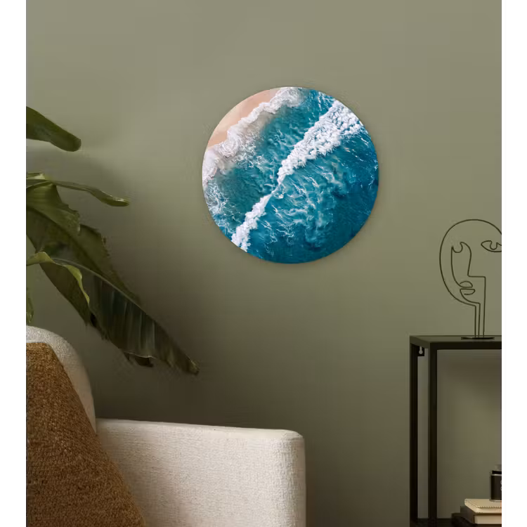 Zee - Strand - Golven - Natuur - Blauw Wandcirkel kunststof plaat 5mm dik klein -sfeer3