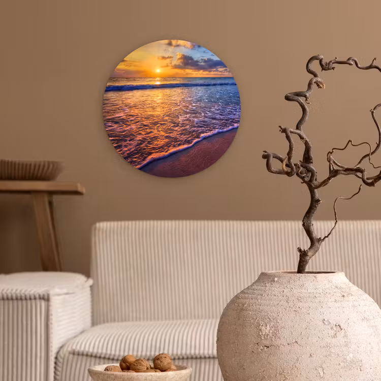 Zee - Strand - Zonsondergang - Wolken - Horizon Wandcirkel kunststof plaat 5mm dik klein -sfeer1