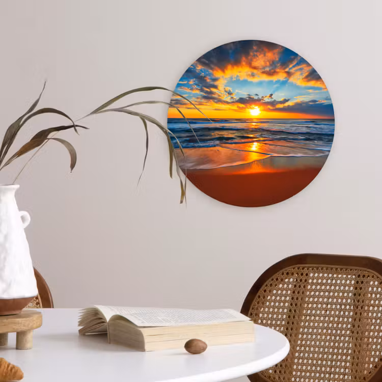 Zee - Zonsondergang - Strand - Wolken - Oranje Wandcirkel kunststof plaat 5mm dik klein -sfeer4