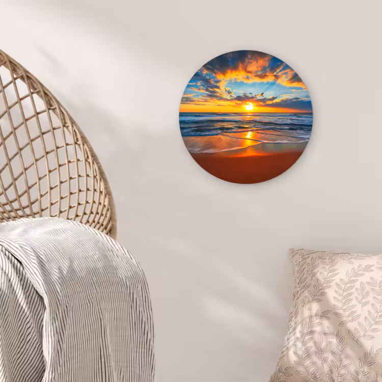 Zee - Zonsondergang - Strand - Wolken - Oranje Wandcirkel kunststof plaat 5mm dik klein -sfeer5