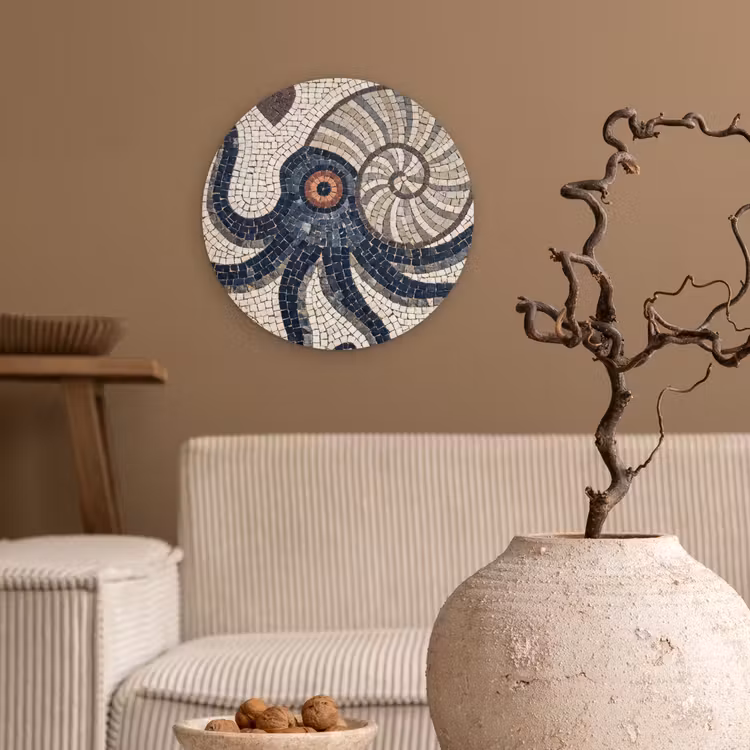 Zeeleven - Mozaïek - Kunst - Vintage - Beige Wandcirkel kunststof plaat 5mm dik klein -sfeer1
