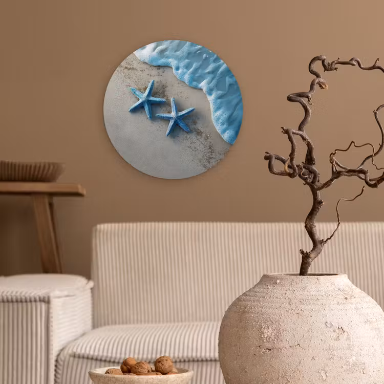Zeesterren - Zand - Zee - Blauw Wandcirkel kunststof plaat 5mm dik klein -sfeer1