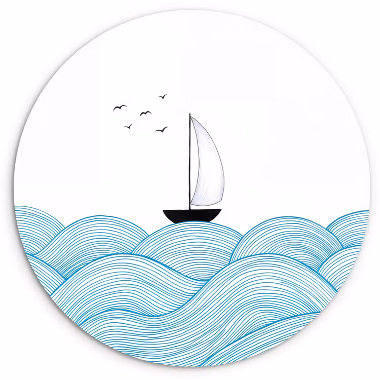 Zeilboot - Golven - Zee - Illustratie - Blauw Wandcirkel kunststof plaat 5mm dik klein -3d