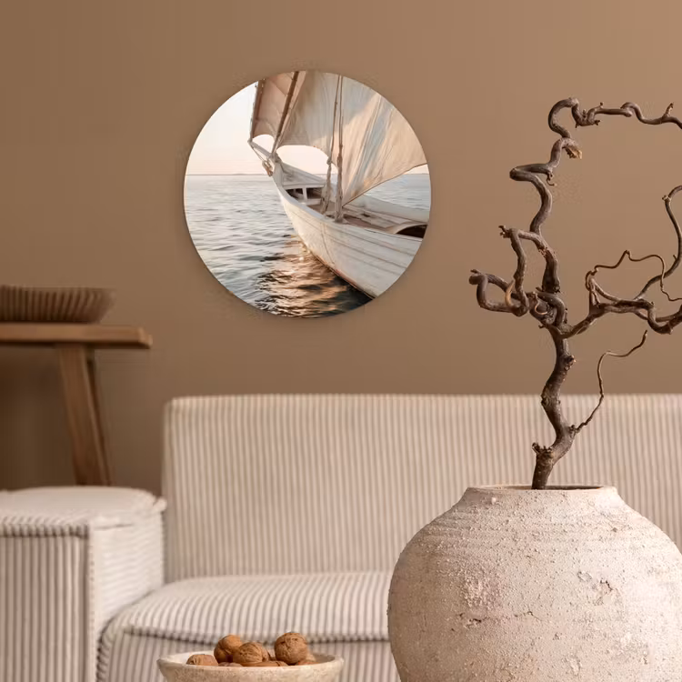 Zeilboot - Zee - Beige - Zon Wandcirkel kunststof plaat 5mm dik klein -sfeer1