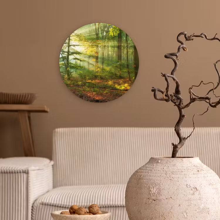 Zon - Bos - Bomen - Natuur - Herfst Wandcirkel kunststof plaat 5mm dik klein -sfeer1