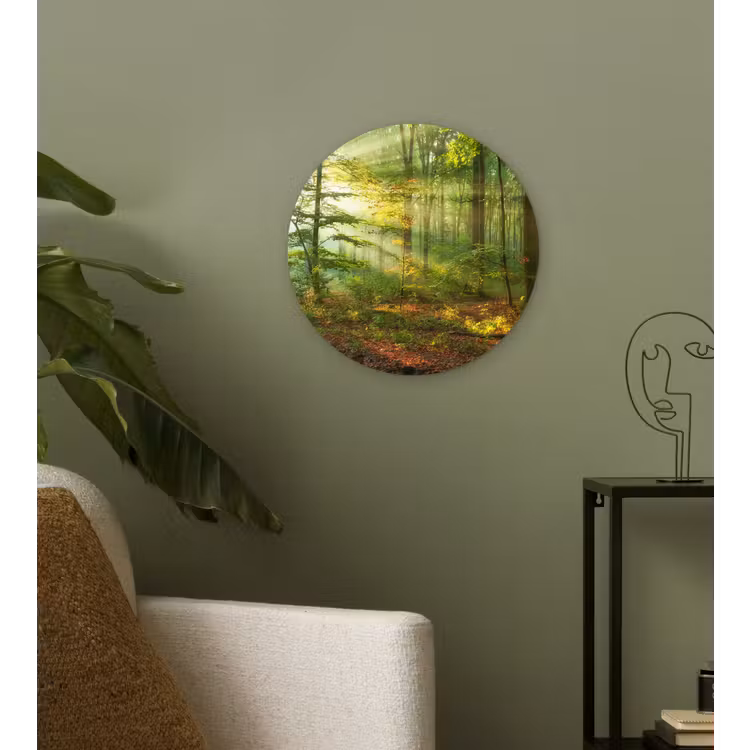 Zon - Bos - Bomen - Natuur - Herfst Wandcirkel kunststof plaat 5mm dik klein -sfeer3