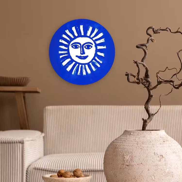 Zon - Gezicht - Penseelstructuur - Blauw Wandcirkel kunststof plaat 5mm dik klein -sfeer1