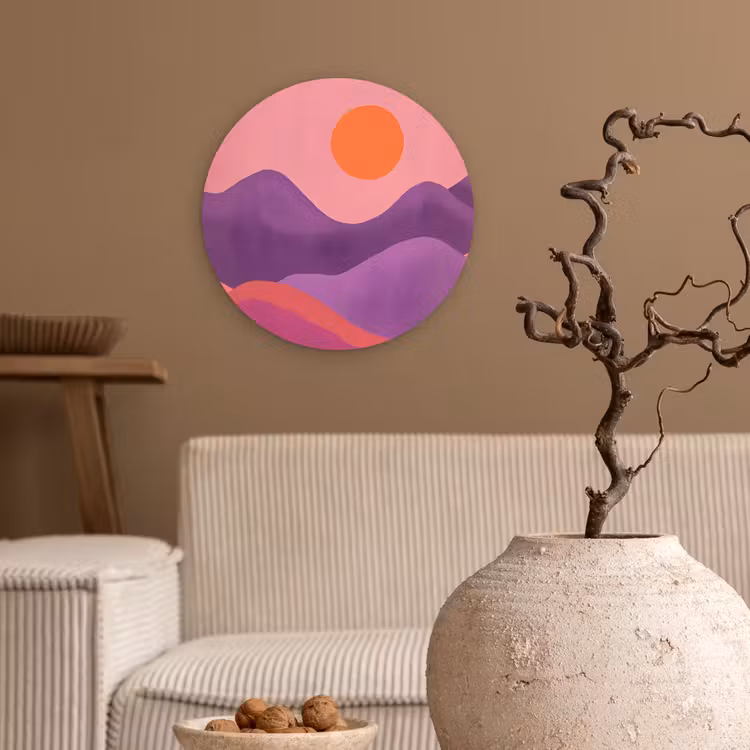 Zon - Heuvels - Paars - Abstract Wandcirkel kunststof plaat 5mm dik klein -sfeer1