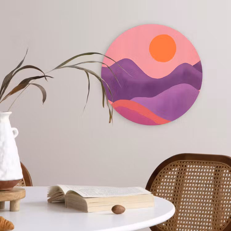 Zon - Heuvels - Paars - Abstract Wandcirkel kunststof plaat 5mm dik klein -sfeer4