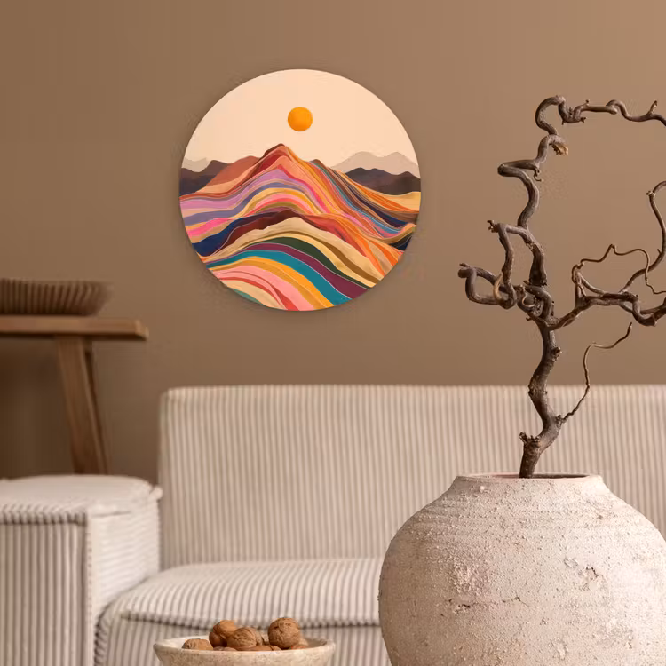Zon - Kleurrijk landschap - Bergen Wandcirkel kunststof plaat 5mm dik klein -sfeer1