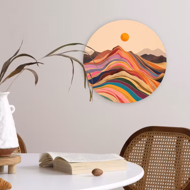 Zon - Kleurrijk landschap - Bergen Wandcirkel kunststof plaat 5mm dik klein -sfeer4