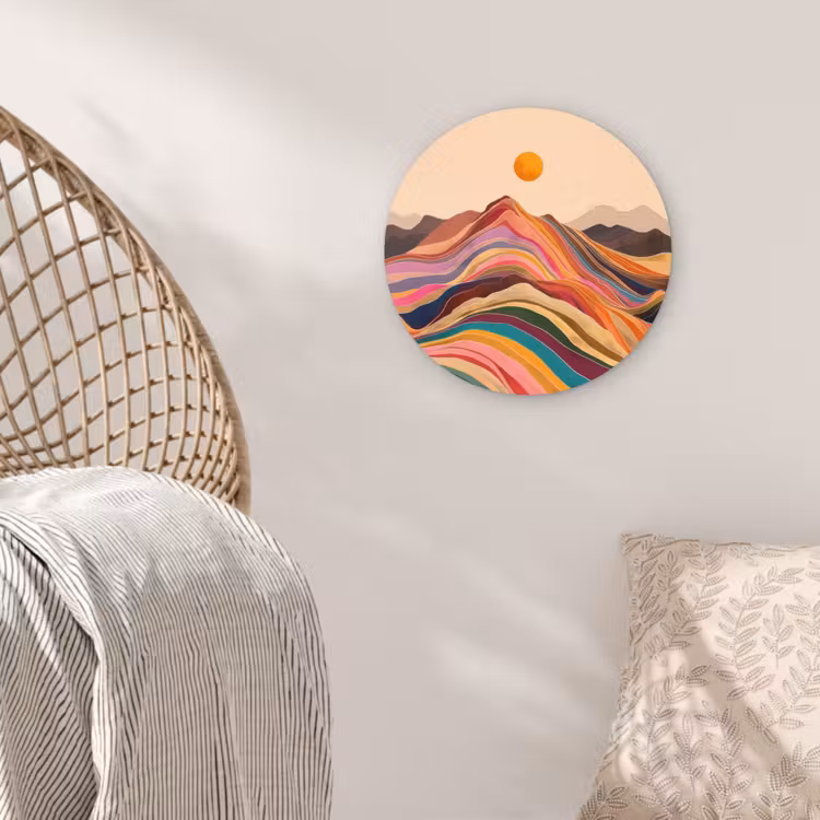 Zon - Kleurrijk landschap - Bergen Wandcirkel kunststof plaat 5mm dik klein -sfeer5