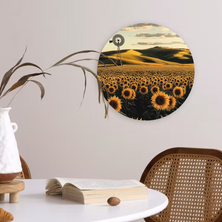 Zonnebloem - Veld - Windmolen Wandcirkel kunststof plaat 5mm dik klein -sfeer4