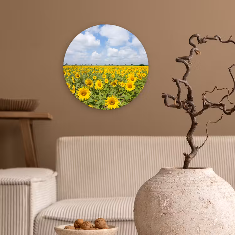 Zonnebloemen - Bloemen - Wolken - Natuur - Geel - Landschap Wandcirkel kunststof plaat 5mm dik klein -sfeer1