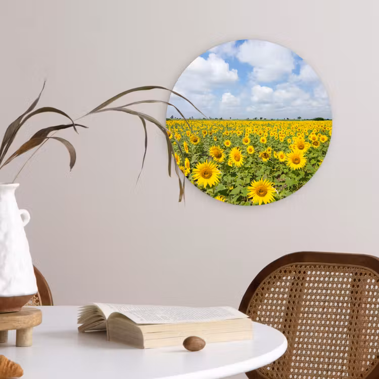 Zonnebloemen - Bloemen - Wolken - Natuur - Geel - Landschap Wandcirkel kunststof plaat 5mm dik klein -sfeer4
