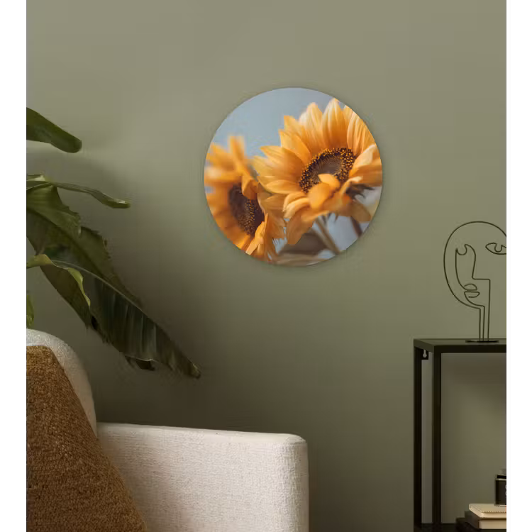 Zonnebloemen - Geel - Wazig Wandcirkel kunststof plaat 5mm dik klein -sfeer3