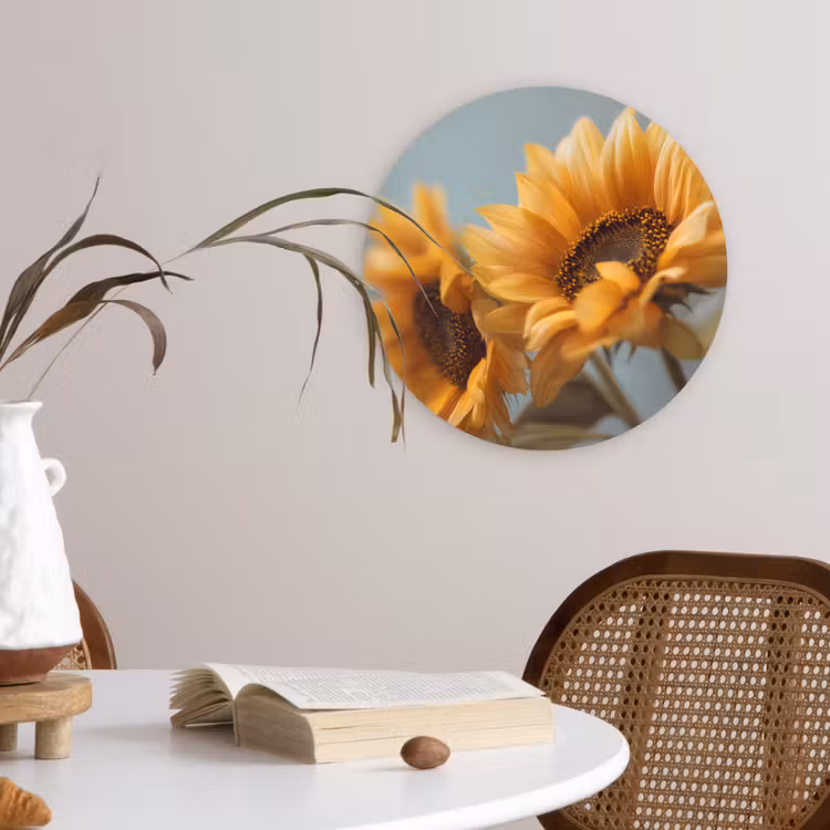 Zonnebloemen - Geel - Wazig Wandcirkel kunststof plaat 5mm dik klein -sfeer4